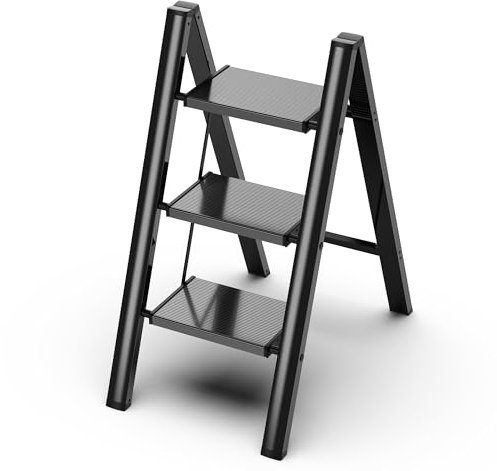 GameGem Escalera de 3 Peldaños, Taburete Plegable con Plataforma Ancha Antideslizante de Aluminio Ligero Pero Resistente, Carga Máxima 150 kg, Diseño Moderno para Espacios Domésticos Interiores