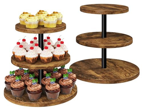 IBUYKE Soporte para Tartas de 3 Pisos,Soportes de madera para magdalenas,Juego de 2,Soporte Redondo para Cupcakes,Bandeja de Tartas para Navidad, cumpleaños,Fiesta en Casa,Marrón TLJ017H-2