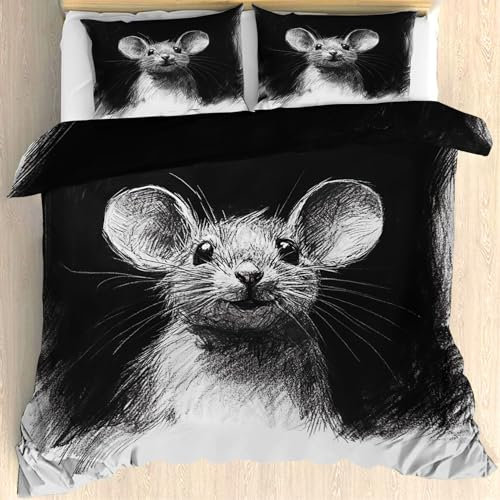 Maohryzed Maus Bettwäsche 135x200 cm mit Einem Kissenbezug 80x80 cm - Graue Schwarze Skizzen Tiere Bettbezug 135 X 200 cm in Wendebettwäsche - Bettwäsche-Sets mit Reißverschluss 2 Teilig