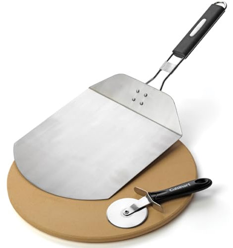 Cuisinart 3 pièces pour grillades de pizzas - Ensemble de pierres à pizza, couteau et pelle pliable - Outil de barbecue robuste (EU Version)