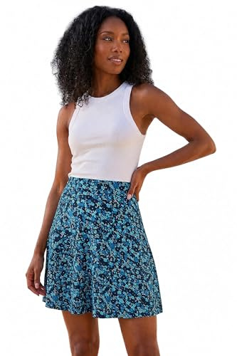 Roman Pull On Stretch Jersey Skater Skirt for Women UK Ladies Spring Pull On Elasticated Waist Summer Spring Jersey Holiday Office Work Vacation Soft Desk to Dinner - Blue - Size 14