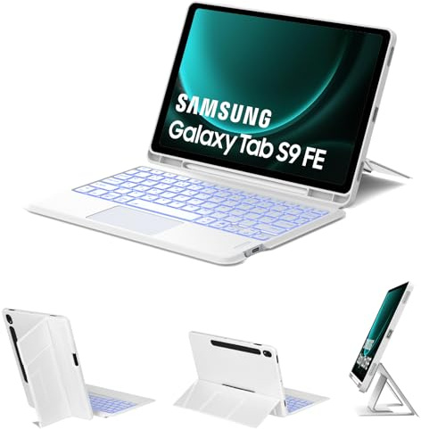 IVEOPPE Keyboard Case for Samsung Galaxy Tab S10 FE 2025/S9 FE 10.9'', Touchpad Keyboard for Samsung Galaxy Tab S9 11 Inch, Cover with Bluetooth Magnetic Detachable Backlit Keypad, White