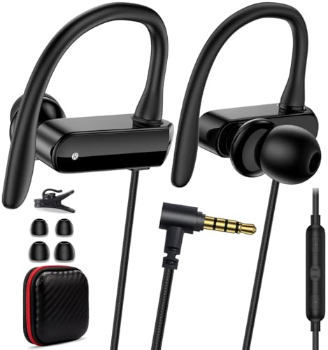 Wired Over Ear Earbuds with Microphone Ear Hook,3.5mm Sport Headphones 1.8M Long Wrap Around Ear Buds Wired for Chromebook Laptop/iPad Plug in Headset for Kindle Fire/Samsung A15 A14/MP3 School,Black