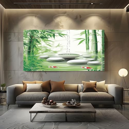 ZORYAN Tableau Decoration Murale Cadre en Bois Poisson En Bambou Zen Photo Artistique Prêt à Suspendre Vert Décoration Murale pour Salon et Chambre Adulte 60x120cm