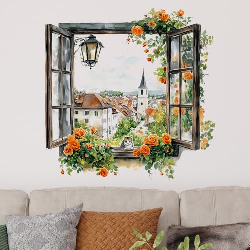 Flaxarne Wandaufkleber Vintage Falsches Fenster mit Rosen Wandtattoo Aquarell Europäische Stadtansicht Selbstklebend für Küche Badezimmer Wohnzimmer Schlafzimmer Dekoration