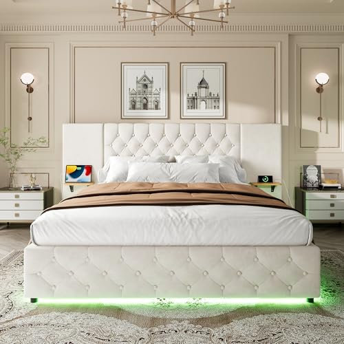 OKimmy Polsterbett 160x200 cm, Doppelbett mit Breiter Kopfteil, USB-Steckdosen & LED-Beleuchtung und Stauraum, Bettgestellt mit Lattenrost ohne Matratze, Beige