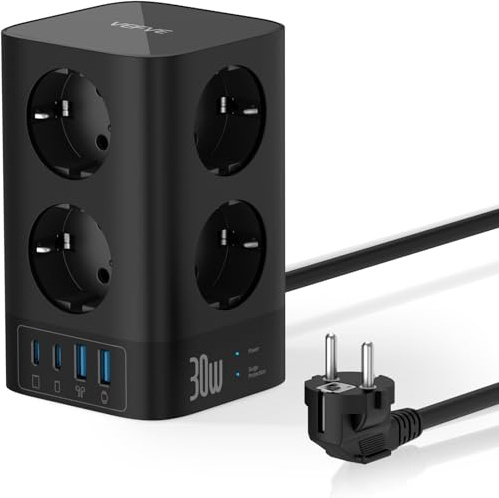 VEFVE Torre Regleta de Enchufes con 3m Alargador y Cargador Rápido 30W | 8 Tomas y 4 USB (2 A y 2 C) con carga rápida. 4000W de potencia. Ideal para la mesa, casa y oficina