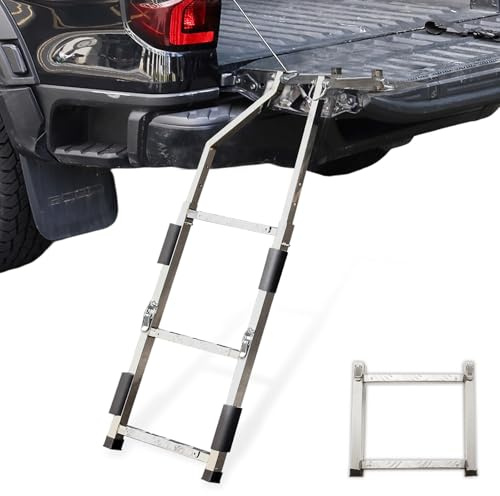 Klappbare Heckklappenleiter für Pickup-Truck, universell 94 cm - 114,3 cm, höhenverstellbare Heckklappenstufe mit rutschfestem Pedal, Edelstahl-LKW-Leiter für Ford Dodge Ram Hilux Chevy GMC, Kapazität