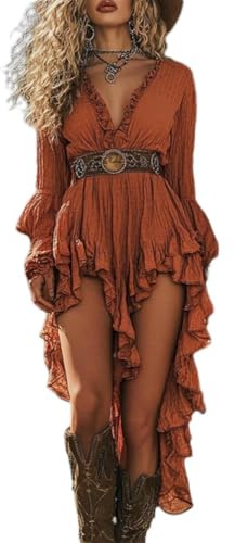 ORANDESIGNE Boho Kleid Damen Cowboy Kleid Lang Western Outfit Hippie Sommerkleid Ohne Gürtel