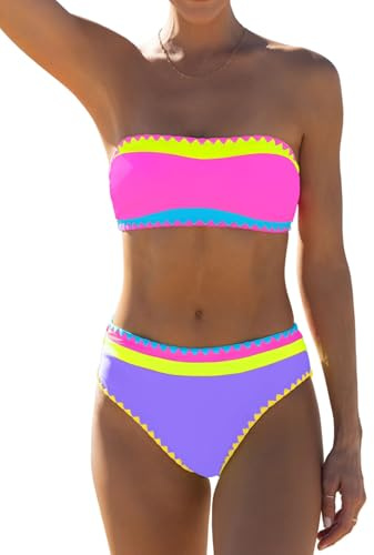popvil Women's Strapless Bikini Sets Neon Color Block Bandeau Swimsuits Two Piece Bathing Suits for Beach Vacation 2025, Violet, Large