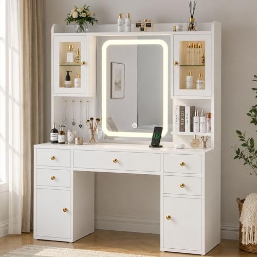 YOUDENOVA Schminktisch mit Beleuchtung und Spiegel, Großer Vanity mit Schubladen & 2 RGB-Glasvitrine, Dressing Table mit Steckdose, Frisiertisch Modern, Weihnachten Geschenke für Mädchen, Weiß