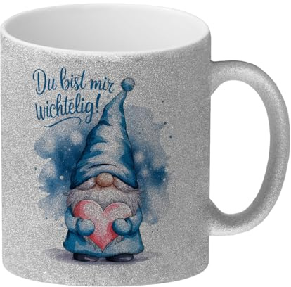 Du bist mir wichtelig! Wichtel Glitzer-Kaffeebecher niedliche Tasse mit Wichtel in blau und Herz