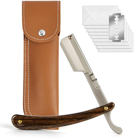 Beugo Rasiermesser Herren, Rasiermesser mit Wechselklingen, Barber Rasierer | mit 10 Rasierklingen, Straight Razor mit im handgefertigten Lederetui, Geschenkidee (mit rasierklinge）
