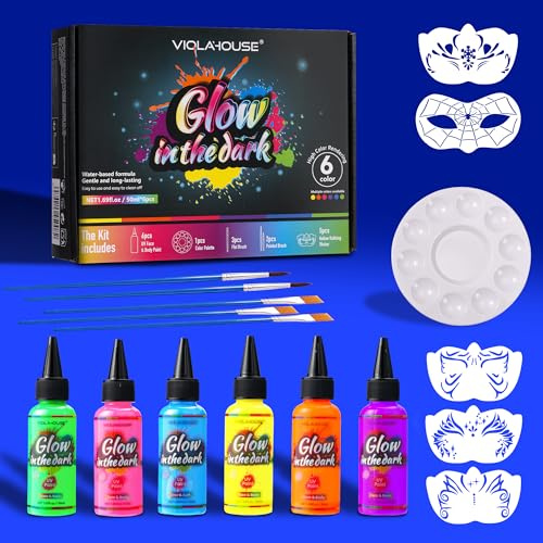 VIOLA HOUSE Kit De Maquillage Phosphorescent Sous LumièRe Noire - Lavable Et Longue Tenue - Peinture Corporelle UV 6 Couleurs De Peinture Corporelle Néon, Peintures Fluorescentes Pour Le Visage