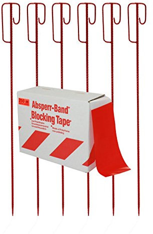 Absperrband rot/weiß geblockt 80 mm breit 250m inkl. 6 Stück Absperrleinenhalter rot als Absperrset
