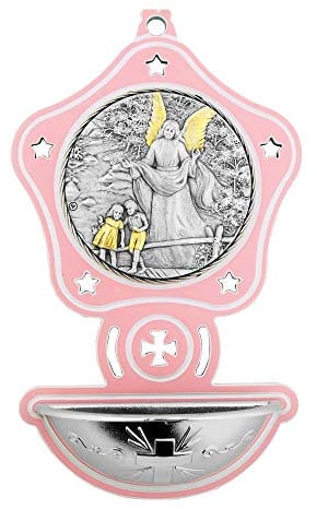 Fuente de agua bendita para niñas de 5 cm | Ángel de la guarda chapado en plata | Hermosos acentos de oro | regalo perfecto para bendiciones en el hogar | Christian Home Goods