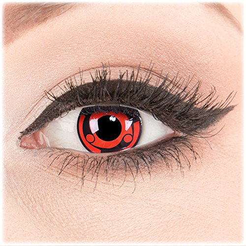 Farbige Kontaktlinsen zu Fasching Karneval Halloween 1 Paar Crazy Fun rote schwarze 'Madara' mit Kombilösung (60ml) + Behälter - Topqualität von 'Glamlens' ohne Stärke