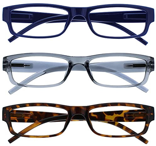 OPULIZE ACE Lesebrille für Damen und Herren - 3er-Pack - Schmaler Rechteckiger Rahmen - Komfort Federscharniere - Kratzfest - Blau Grau Braun Schildpatt +1.50