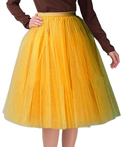 Xmiral Damen Tüll Tutu Rock Plissee Gaze Reine Farbe Knielanges Elastisch Taille Tanzenrock(Gelb,One Size)