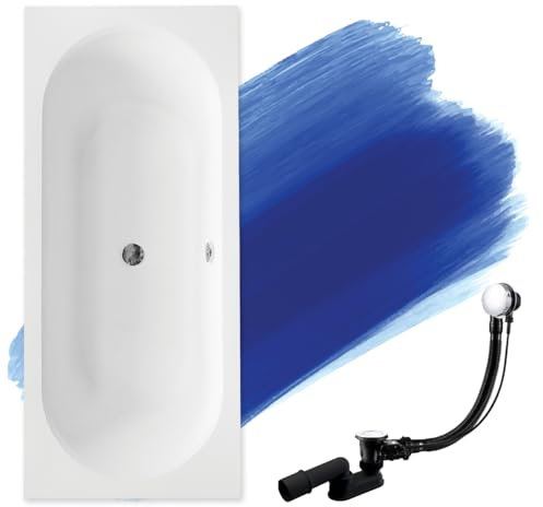 BADLAND Badewanne Original Weiß Acryl Wanne Rechteck VITAE SLIM 180x80 KOMPLETTSET SET + Füßen und Exklusive Chrom Automatik Ablaufgarnitur Made in EU 3in1