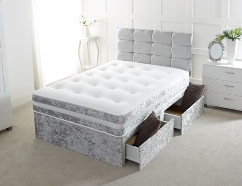 Comfy Deluxe LTD Silver Crushed Velvet Divan Bed 2 Drawer With Memory Foam Mattress And Free 20 Matching Headboard (2FT6 Small Single)