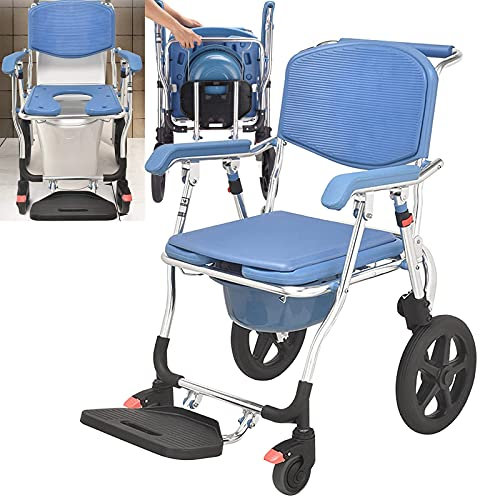 HEWXWX 3-In-1-Toiletten-Duschrollstuhl/Aluminiumlegierung - Klappbar, 15,7 Zoll Pu-Hinterrad, Eimer/Deckel/Spritzschutz, FüR Erwachsene Mit Handicap FüR äLtere Menschen