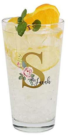 Herz & Heim® Trinkglas mit Namen - Geburtstags-Geschenkidee (Blumen Monogram)