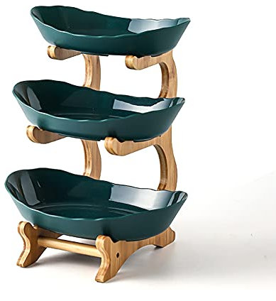 yunnie 3 Tiers Fruit Plate with Wood Holder Snacks Plate Rack Party Food Serving Display Tray Green