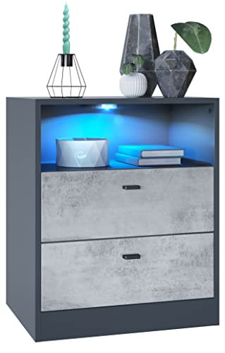 Vladon Kommode Pino V1, Made in Germany, Nachttisch mit 2 Schubladen & 1 offenem Fach, Anthrazit matt/Beton Oxid Optik mit LED RGB (56 x 67,5 x 36 cm)