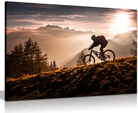 Panther Print Fine Art Prints Biker Down the Hill Sunset Artistic Framed Canvas Print, Pictures for Home Walls, Bedroom, Living Room & Bathroom Decor 46x31cm (18x12in)