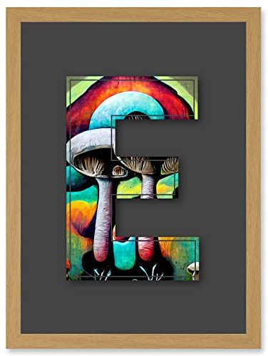 Wee Blue Coo Letter E Multicoloured Trippy Mushrooms Decorative Graffiti Mural Alphabet Initial Stencil Artwork Framed Wall Art Print A4