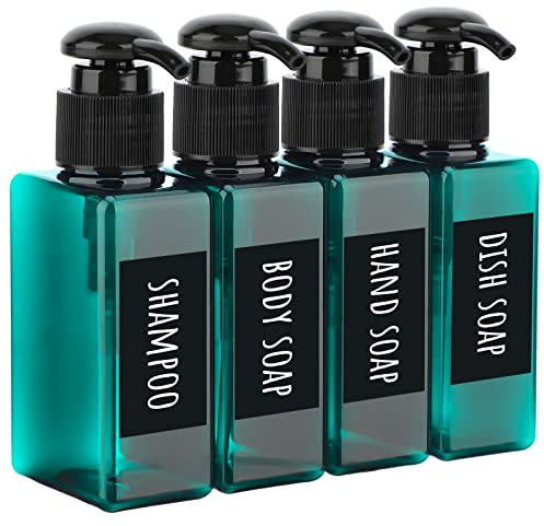 Segbeauty Lotion Dispenser Quadratisch, 4 Stück 100ml Seifenspender Set mit Handgeschriebene Etiketten für Shampoo Duschgel Flüssigseife, Nachfüllbar Kunststoff Pumpflaschen für Küche Bad, Pfauenblau