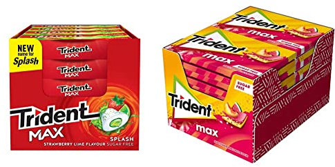 Trident Max Splash Fresa y Lima - Chicles sin Azúcar con Sabor a Fresa y Lima- Paquete de 16 Envases de 22 g & Max Melocotón y Sandía - Chicles sin Azúcar con Sabor a Melocotón y Sandía