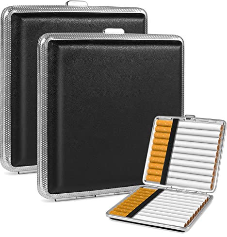 Foonii 2 Stück Zigarettenetui Leder Metall,PU Zigarettenschachtel für 20 Zigaretten,Zigarettencase mit Schnappverschluss,Edelstahl Zigarettenbox 10 * 9.5 * 1.9 cm für Hosen und Hemdtaschen(Schwarz)