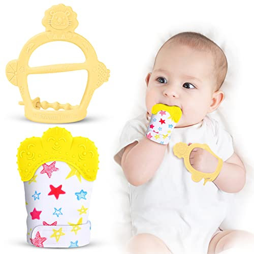 Vicloon Baby Beißhandschuhe mit Beißring Spielzeug, Weicher Beissring Baby,BPA Frei,Beruhigen Sie wundes Zahnfleisch,Handschuhe Beißring Spielzeug für 0-6 Monate Baby-Gelb