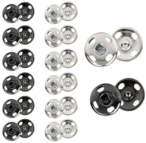 24 Sets 7mm Poppers Fasteners Kit, Press Studs Snap Fasteners Sew On Black Snap Buttons Silver Popper Fasteners Popper Snaps DIY Set Press Studs for Clothes Bags