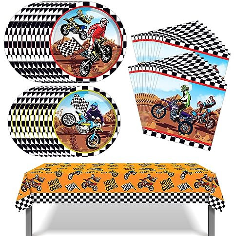 Motorcycle Biker Dirt Bike Theme Party Decorations - Boys' Birthday Supplies - Plates, Napkins, Tablecloth Sets for 16