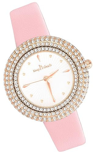 MicLee Montres à Quartz Femmes Filles Montre Luxe à Cadran Rond Minimaliste orné Strass Etincelants Montre Etanche avec Bracelet en Cuir Rose