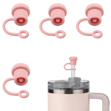 4pcs Straw Covers, Reusable Silicone Straw Cap Spill Proof Dust Resistant Straw Toppers 6-10mm in Diameter Simple Straw Protector for Stanley Cup (Pink)