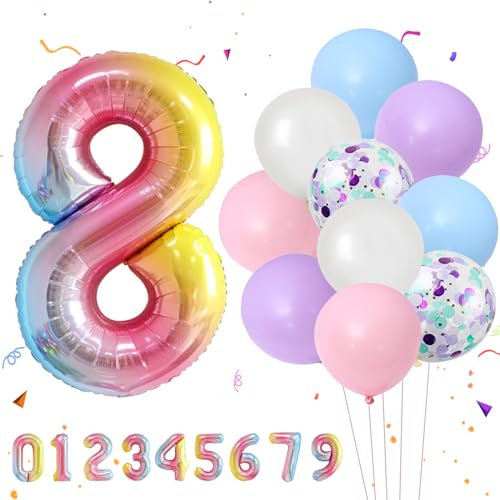 VIKY® Zahlen Luftballon 8. Geburtstag, Folienballon 8 Geburtstag Mädchen Junge, Geburtstagsdeko 8 Jahre Mädchen, 8. Geburtstag Mädchen Ballons, Luftballons Kindergeburtstag Deko, Geburtstag Party Deko