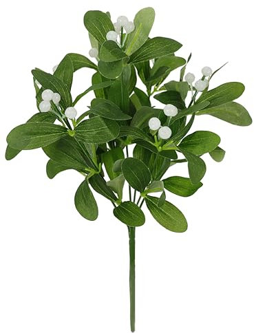 Künstlicher Mistelbusch mit Beeren und Blättern Dekopflanze Mistelzweig Dekozweig Beerenzweig Kunstblume Zweig Blumen Kunstzweig Stielblume Dekoration für Girlande Kranz Weihnachtsdeko
