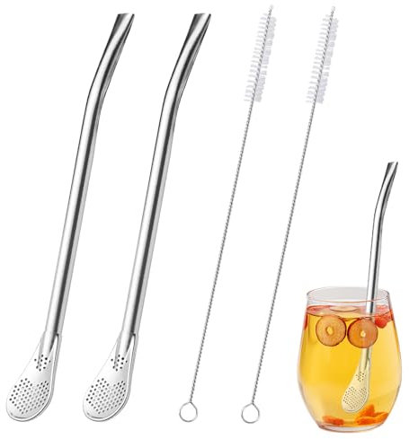 SwirlColor Stainless Steel Straws Filter Spoon 2 Pcs, 2 in 1 Reusable Drinking Straws with Filter Spoon Drinking Stirring Straw Spoons for Tea Coffee Juice, with 2 Cleaning Brushes