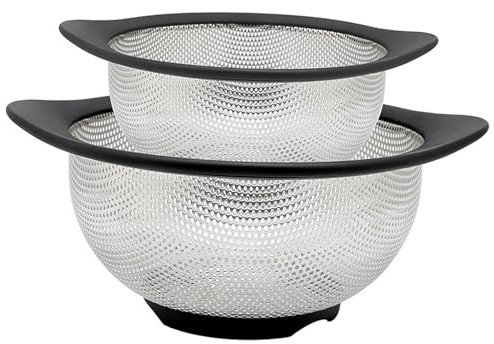 DOPMEP Over The Sink Colander 6 Quart Fine Mesh Stainless Steel Strainer Basket Whit Expandable Rubber Grip Handles - Strain, Drain, Rinse Fruits, Vegetables