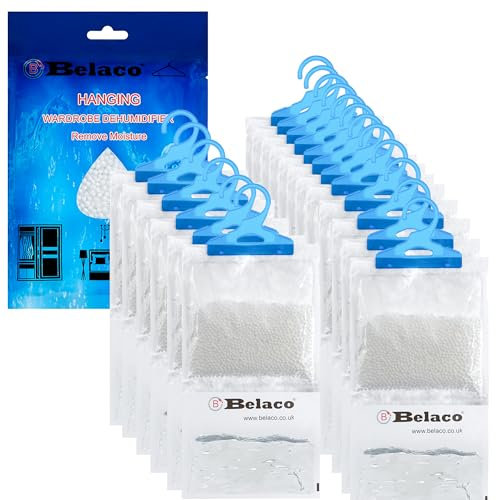 Belaco Set of 18 Hanging Dehumidifier, 230g Moisture Absorber, Dehumidifier for home, Ideal to eliminate damp & Condensation Bedroom, Wardrobe, Kitchen, Basement, Office etc (18)