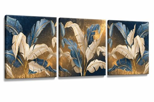 Lupia - Set 3 Quadri su Tela CANVAS DAY LEAVES WHITE BLUE 38x38 cm foglie oro e blu, Stampa Vivida, Pronto da Appendere, Decorazione per Soggiorno, Capezzale Testiera Camera da Letto, Cucina, Ufficio