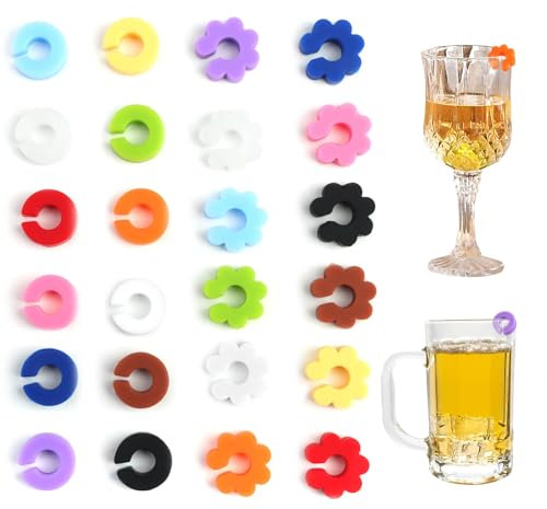 BIVOFU 24 PCS Segnabicchieri Silicone, Marcatori per Vino Colorati Riutilizzabili, bicchiere Champagne, Cocktail e Martini