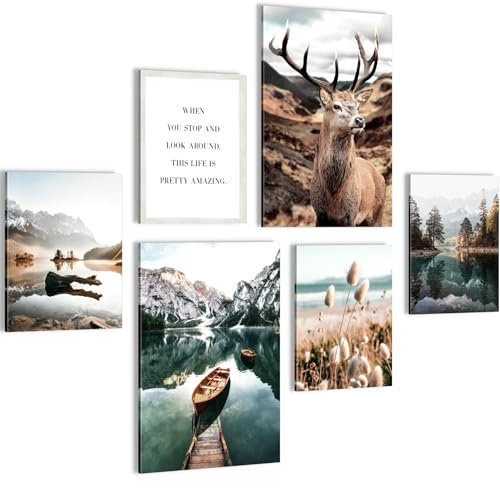 Novart Wandbilder Set Wald Hirsch Natur Berge - KEIN EXTRA RAHMEN BENÖTIGT - Modern Deko - Wohnzimmer Schlafzimmer N013267a
