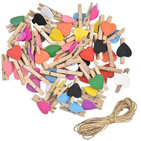 50 Pièces Clips Photo en Bois, Mini Pince a Linge Coloré Mini Pinces à Linge Mini Clips Photo en Bois, Photo Clips avec 10M Cordon de Jute pour Artisanat Art DIY Décoration Mariage Party