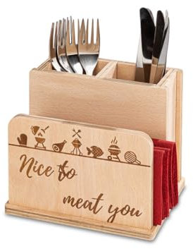 INEXTERIOR Grillbox aus Holz - Geschenk für Männer - Tischdeko - Serviettenhalter - Besteckbox - Serviettenringe - Saucenbox - Besteckhalter - Grill (Besteckkasten Klein, Nice to meat you)