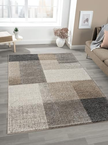 Mia's Teppiche Mosaix - Tappeto moderno a pelo corto, per soggiorno e camera da letto, con contorni, motivo geometrico, a quadretti, 160 x 220 cm, colore: Beige